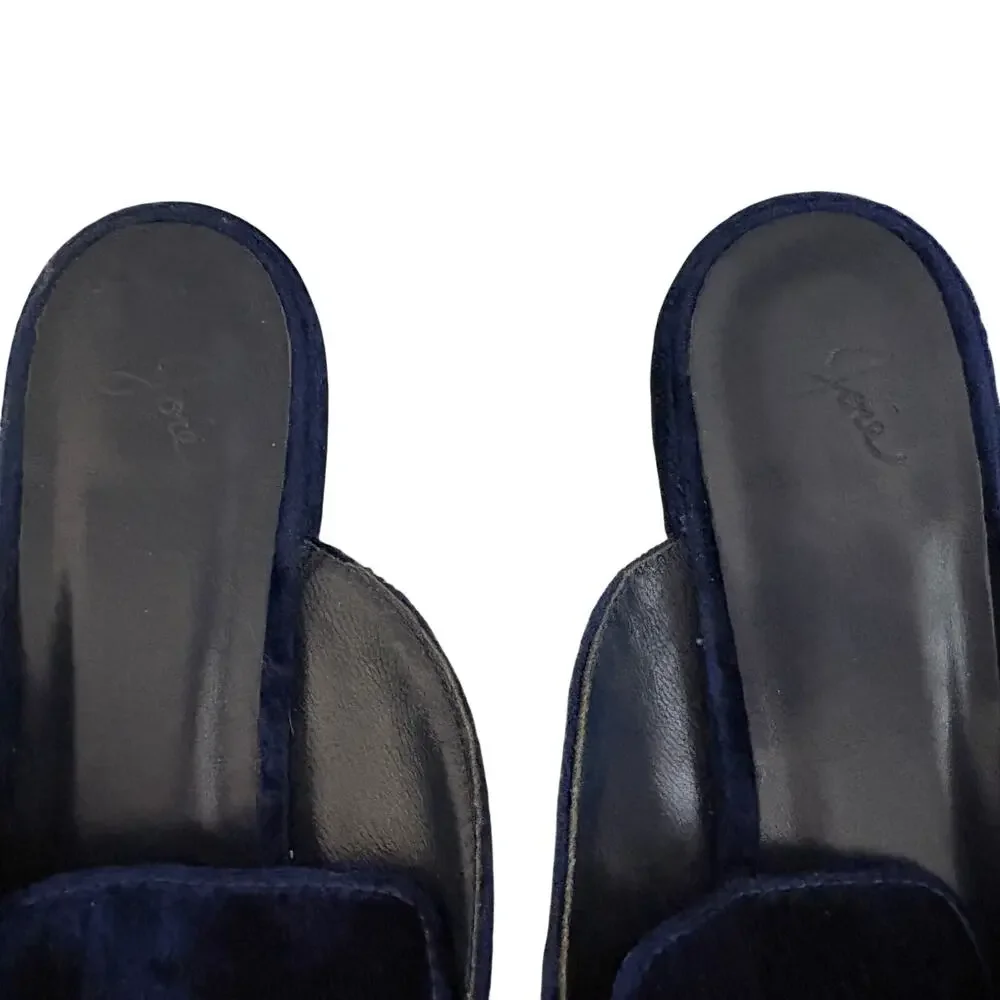 Joie Jean Navy Blue Velvet Leather Mules w/ Bow Flat Slides Glam Coquette